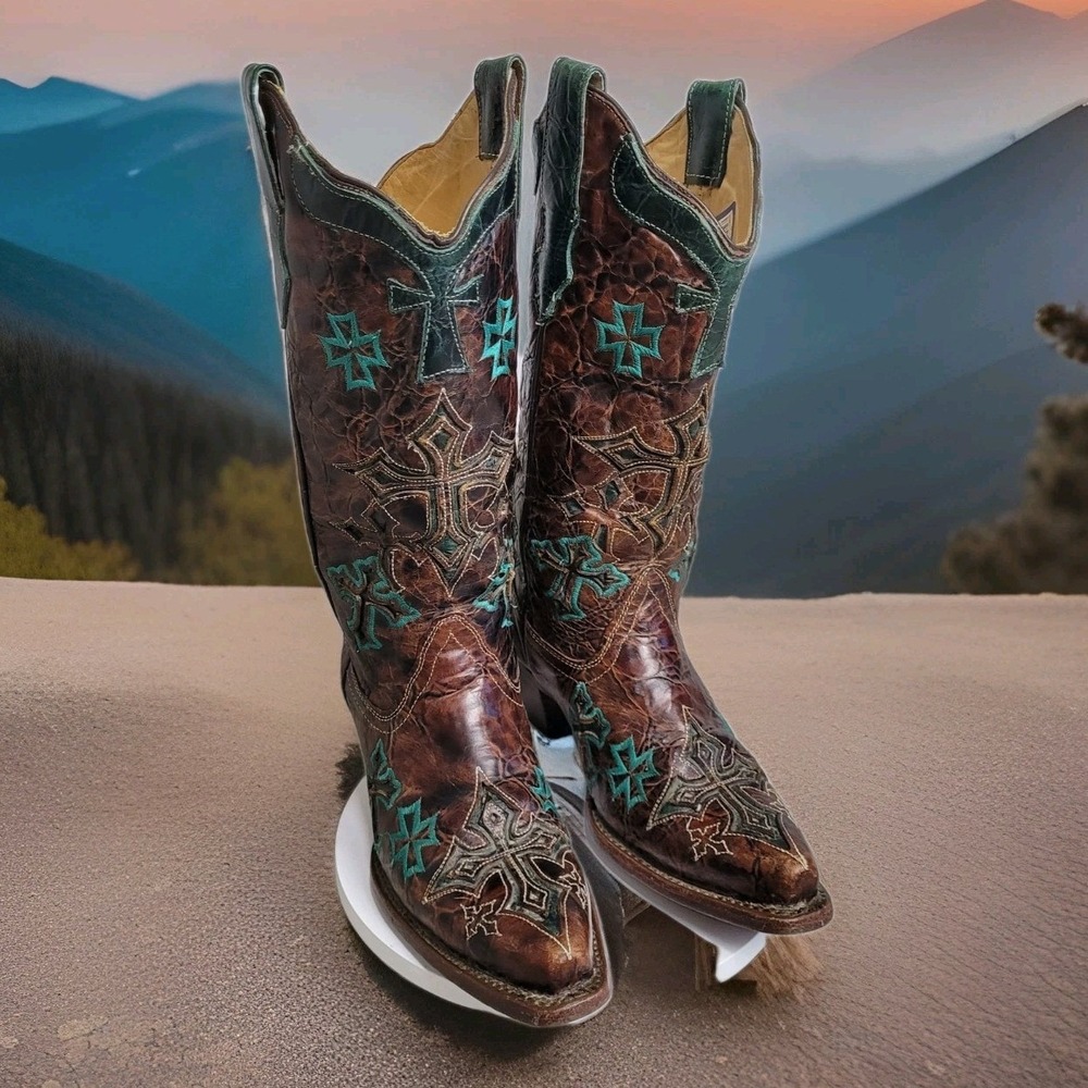 👢Corral Boots Womens 6M Whiskey Brown Turquoise Cross Embroidery R1019 Western